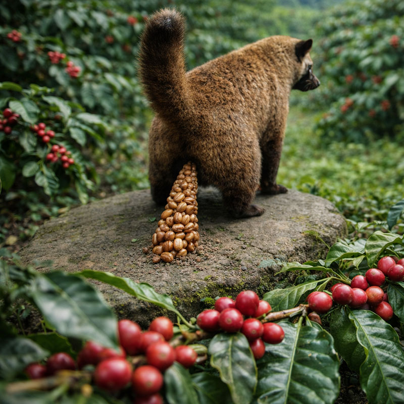 Trái cà phê Arabica Cầu Đất chín mọng được con chồn vòi đốm (tên khoa học là Paradoxurus hermaphroditus) ăn vào và thải ra ngoài qua đường tiêu hóa