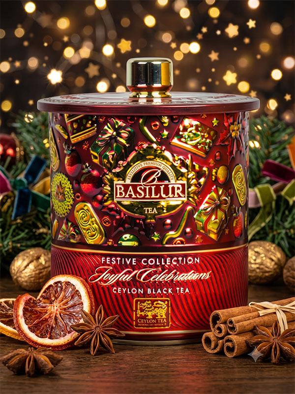 Trà Basilur Festive Jouful Celebrations hộp thiếc 75g thích hợp cho mùa lễ hội hay buổi sum họp gia đình vào mùa đông
