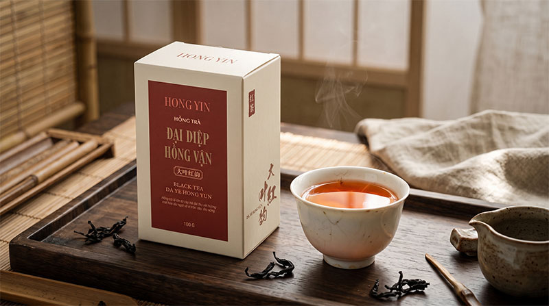 Sắc đỏ hổ phách và dáng vẻ trang nhã của Hồng trà Đại Diệp Hồng Vận 100g.