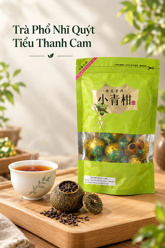 Trà Phổ Nhĩ Quýt Tiểu Thanh Cam Trần Bì túi 100g đóng gói ​​​​​​​dạng túi zip màu xanh lá hiện đại với cửa sổ trong suốt phía trước